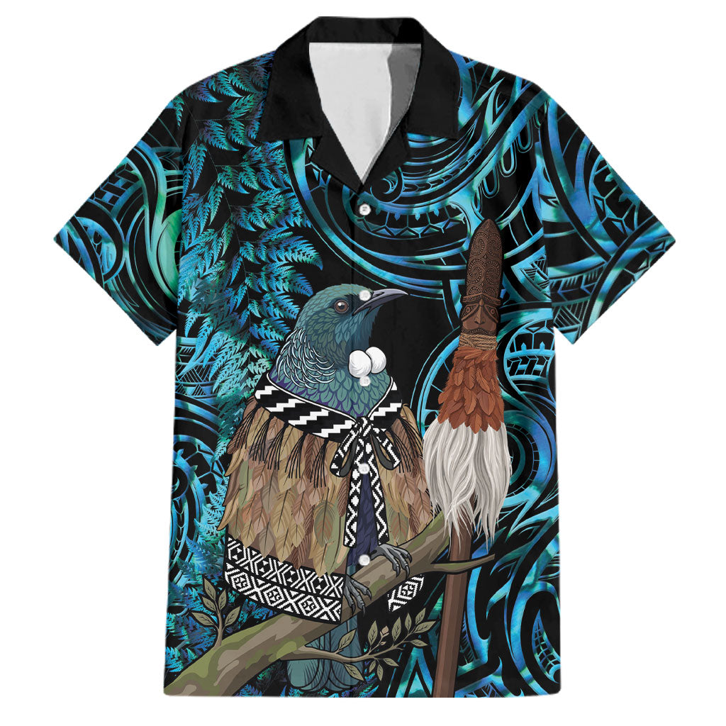 New Zealand Tui Bird Taiaha Family Matching Long Sleeve Bodycon Dress and Hawaiian Shirt Maori Weapon Paua Shell Mix Silver Fern