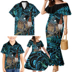 New Zealand Tui Bird Taiaha Family Matching Mermaid Dress and Hawaiian Shirt Maori Weapon Paua Shell Mix Silver Fern