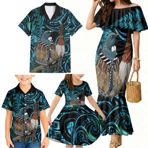 New Zealand Tui Bird Taiaha Family Matching Mermaid Dress and Hawaiian Shirt Maori Weapon Paua Shell Mix Silver Fern
