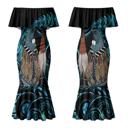 New Zealand Tui Bird Taiaha Family Matching Mermaid Dress and Hawaiian Shirt Maori Weapon Paua Shell Mix Silver Fern