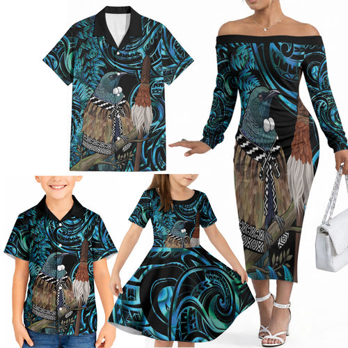 New Zealand Tui Bird Taiaha Family Matching Off The Shoulder Long Sleeve Dress and Hawaiian Shirt Maori Weapon Paua Shell Mix Silver Fern
