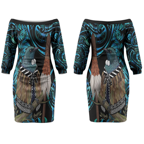 New Zealand Tui Bird Taiaha Family Matching Off The Shoulder Long Sleeve Dress and Hawaiian Shirt Maori Weapon Paua Shell Mix Silver Fern