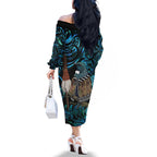 New Zealand Tui Bird Taiaha Family Matching Off The Shoulder Long Sleeve Dress and Hawaiian Shirt Maori Weapon Paua Shell Mix Silver Fern