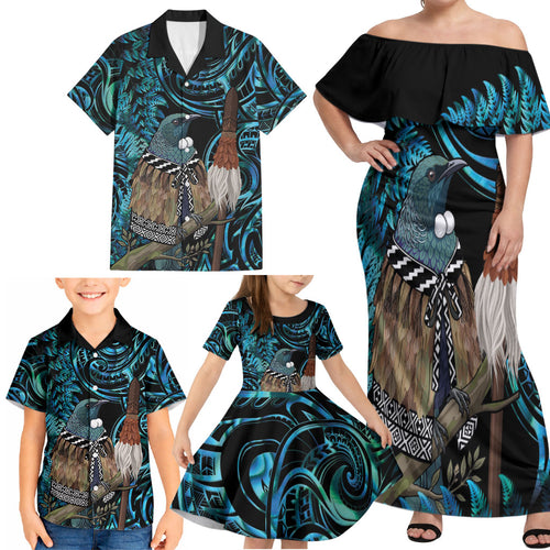 New Zealand Tui Bird Taiaha Family Matching Off Shoulder Maxi Dress and Hawaiian Shirt Maori Weapon Paua Shell Mix Silver Fern