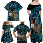 New Zealand Tui Bird Taiaha Family Matching Off Shoulder Maxi Dress and Hawaiian Shirt Maori Weapon Paua Shell Mix Silver Fern