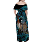 New Zealand Tui Bird Taiaha Family Matching Off Shoulder Maxi Dress and Hawaiian Shirt Maori Weapon Paua Shell Mix Silver Fern