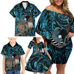 New Zealand Tui Bird Taiaha Family Matching Off Shoulder Short Dress and Hawaiian Shirt Maori Weapon Paua Shell Mix Silver Fern