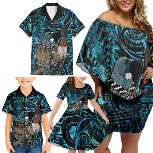 New Zealand Tui Bird Taiaha Family Matching Off Shoulder Short Dress and Hawaiian Shirt Maori Weapon Paua Shell Mix Silver Fern