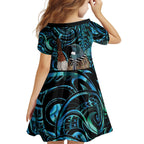 New Zealand Tui Bird Taiaha Family Matching Off Shoulder Short Dress and Hawaiian Shirt Maori Weapon Paua Shell Mix Silver Fern