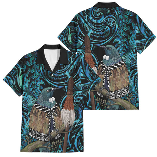 New Zealand Tui Bird Taiaha Family Matching Off Shoulder Short Dress and Hawaiian Shirt Maori Weapon Paua Shell Mix Silver Fern