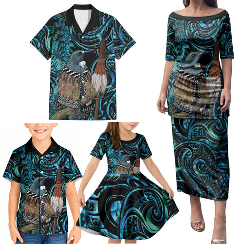 New Zealand Tui Bird Taiaha Family Matching Puletasi and Hawaiian Shirt Maori Weapon Paua Shell Mix Silver Fern
