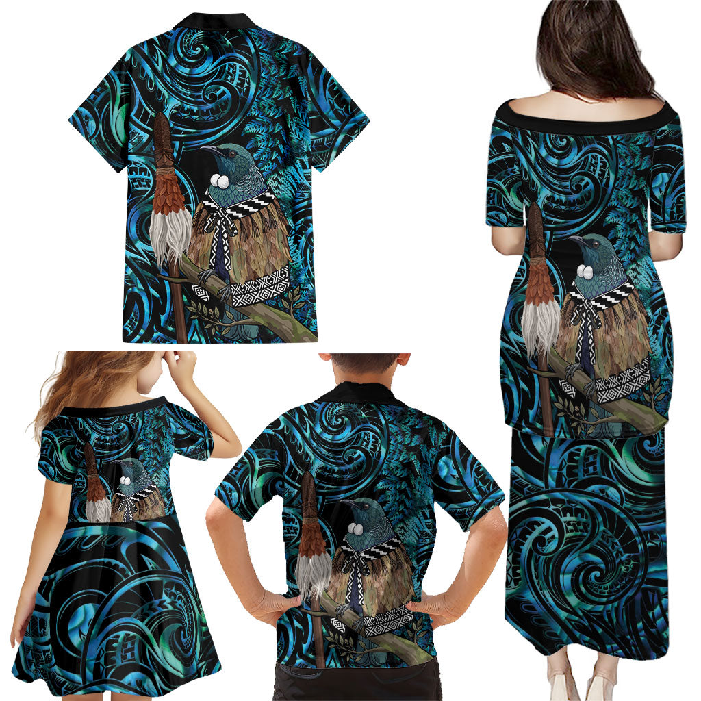 New Zealand Tui Bird Taiaha Family Matching Puletasi and Hawaiian Shirt Maori Weapon Paua Shell Mix Silver Fern