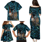 New Zealand Tui Bird Taiaha Family Matching Puletasi and Hawaiian Shirt Maori Weapon Paua Shell Mix Silver Fern