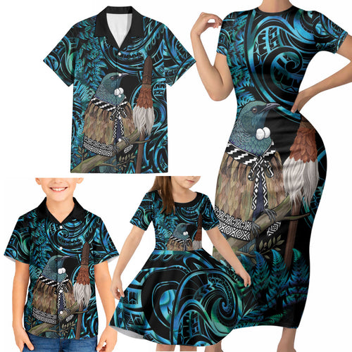 New Zealand Tui Bird Taiaha Family Matching Short Sleeve Bodycon Dress and Hawaiian Shirt Maori Weapon Paua Shell Mix Silver Fern