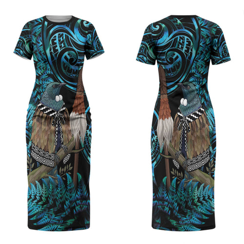 New Zealand Tui Bird Taiaha Family Matching Short Sleeve Bodycon Dress and Hawaiian Shirt Maori Weapon Paua Shell Mix Silver Fern