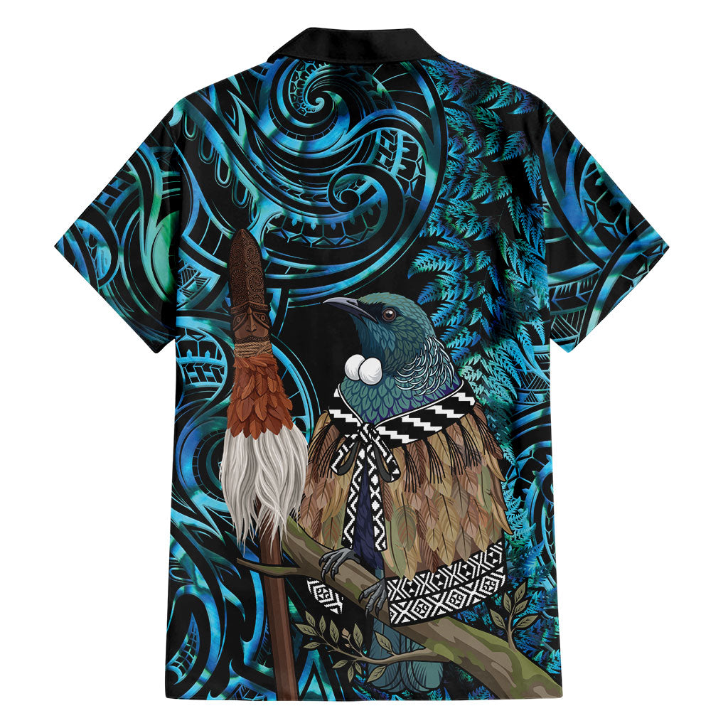 New Zealand Tui Bird Taiaha Family Matching Short Sleeve Bodycon Dress and Hawaiian Shirt Maori Weapon Paua Shell Mix Silver Fern