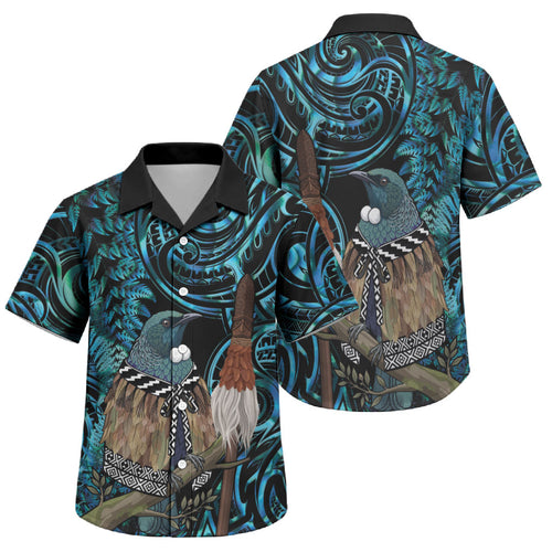 New Zealand Tui Bird Taiaha Family Matching Short Sleeve Bodycon Dress and Hawaiian Shirt Maori Weapon Paua Shell Mix Silver Fern
