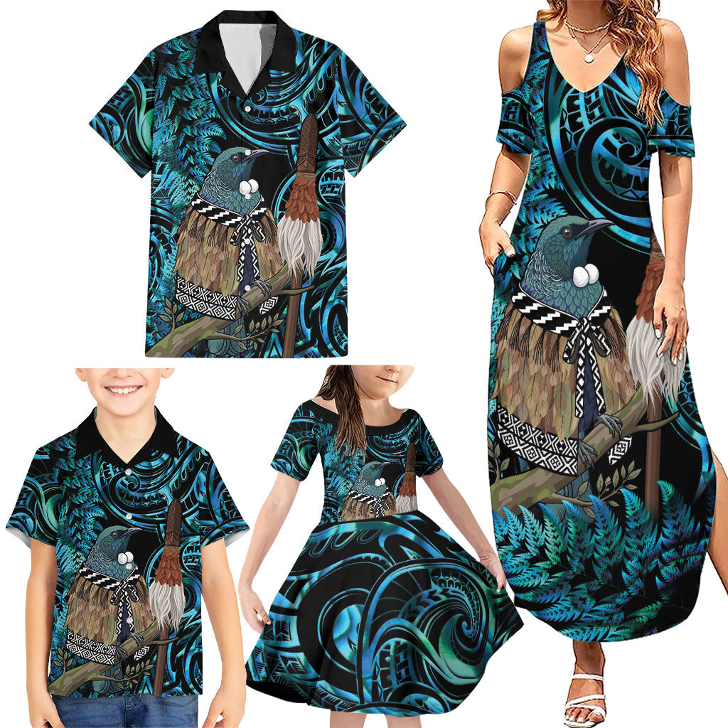 New Zealand Tui Bird Taiaha Family Matching Summer Maxi Dress and Hawaiian Shirt Maori Weapon Paua Shell Mix Silver Fern