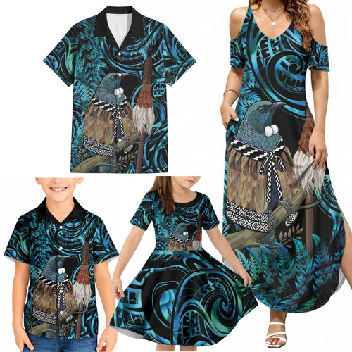 New Zealand Tui Bird Taiaha Family Matching Summer Maxi Dress and Hawaiian Shirt Maori Weapon Paua Shell Mix Silver Fern