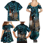 New Zealand Tui Bird Taiaha Family Matching Summer Maxi Dress and Hawaiian Shirt Maori Weapon Paua Shell Mix Silver Fern