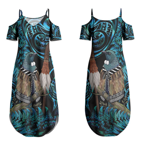 New Zealand Tui Bird Taiaha Family Matching Summer Maxi Dress and Hawaiian Shirt Maori Weapon Paua Shell Mix Silver Fern