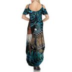 New Zealand Tui Bird Taiaha Family Matching Summer Maxi Dress and Hawaiian Shirt Maori Weapon Paua Shell Mix Silver Fern