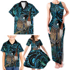 New Zealand Tui Bird Taiaha Family Matching Tank Maxi Dress and Hawaiian Shirt Maori Weapon Paua Shell Mix Silver Fern