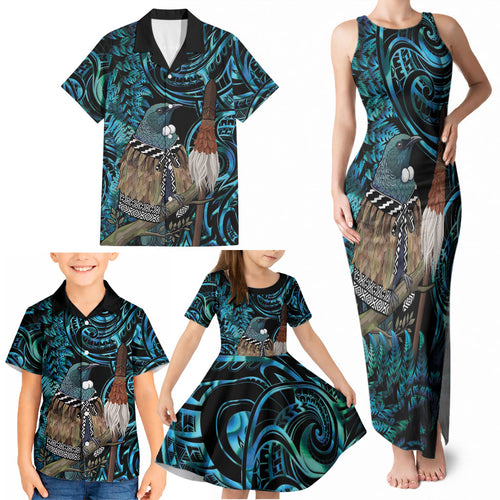 New Zealand Tui Bird Taiaha Family Matching Tank Maxi Dress and Hawaiian Shirt Maori Weapon Paua Shell Mix Silver Fern