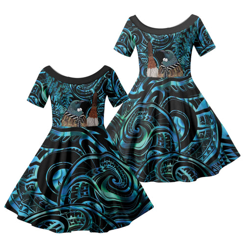 New Zealand Tui Bird Taiaha Family Matching Tank Maxi Dress and Hawaiian Shirt Maori Weapon Paua Shell Mix Silver Fern
