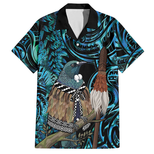 New Zealand Tui Bird Taiaha Hawaiian Shirt Maori Weapon Paua Shell Mix Silver Fern