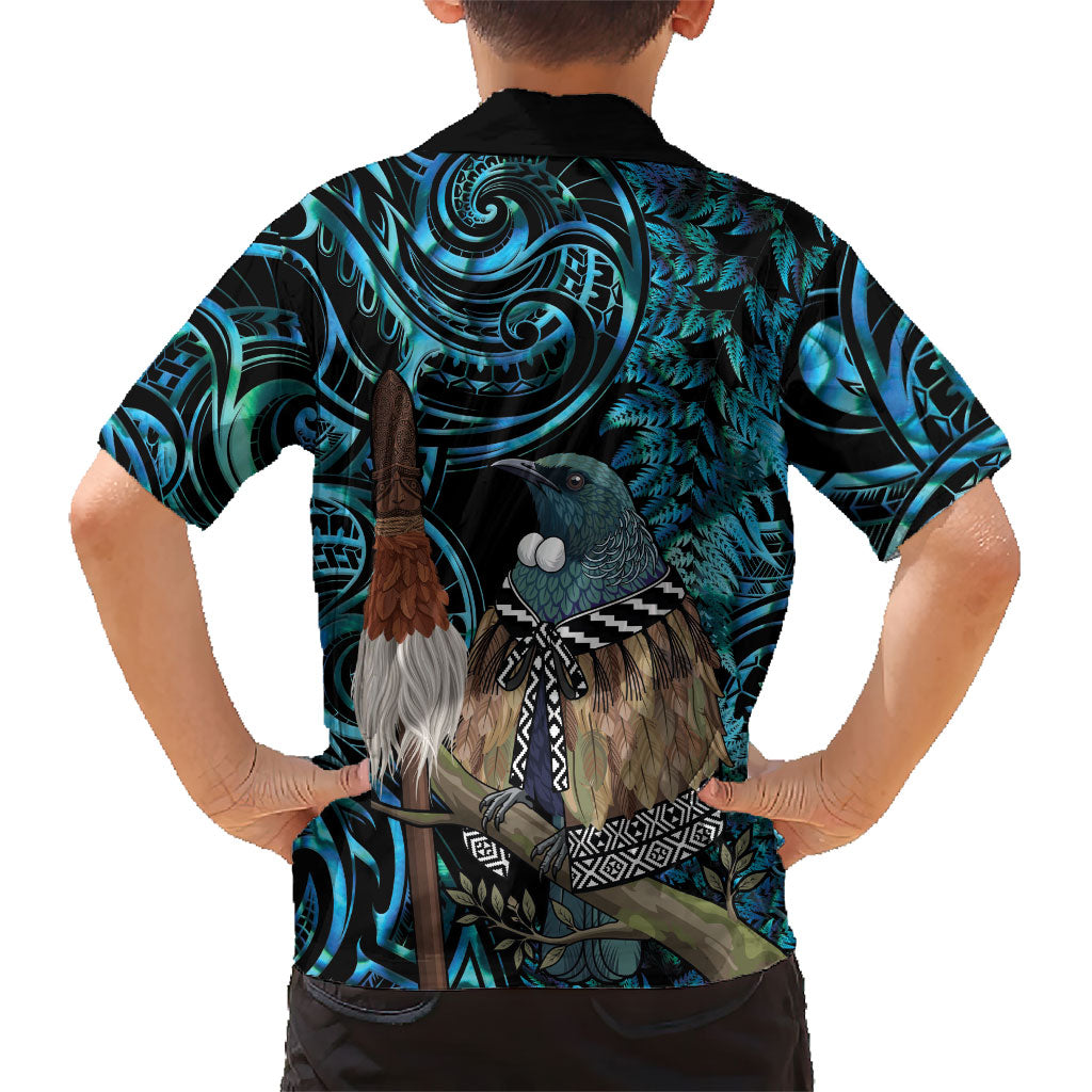 New Zealand Tui Bird Taiaha Hawaiian Shirt Maori Weapon Paua Shell Mix Silver Fern