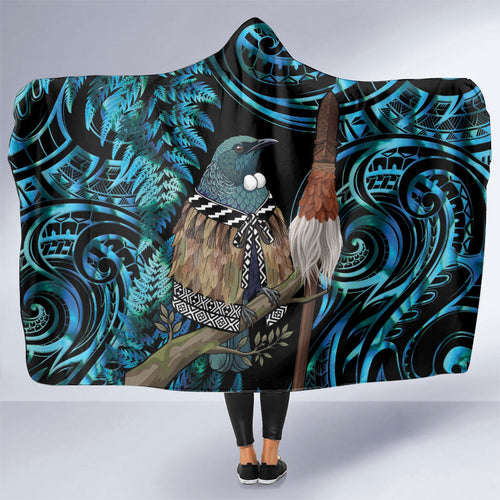 New Zealand Tui Bird Taiaha Hooded Blanket Maori Weapon Paua Shell Mix Silver Fern