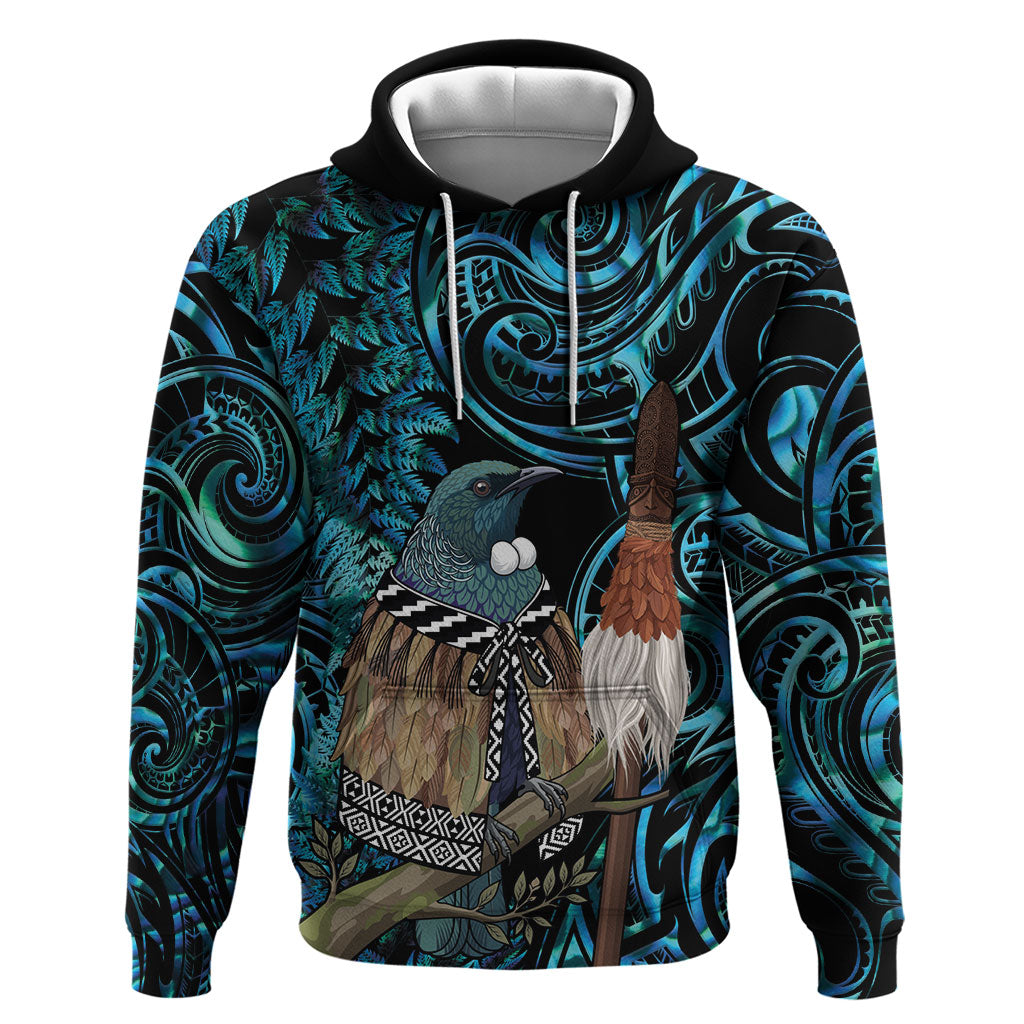 New Zealand Tui Bird Taiaha Hoodie Maori Weapon Paua Shell Mix Silver Fern