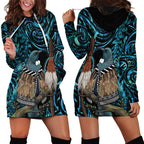 New Zealand Tui Bird Taiaha Hoodie Dress Maori Weapon Paua Shell Mix Silver Fern