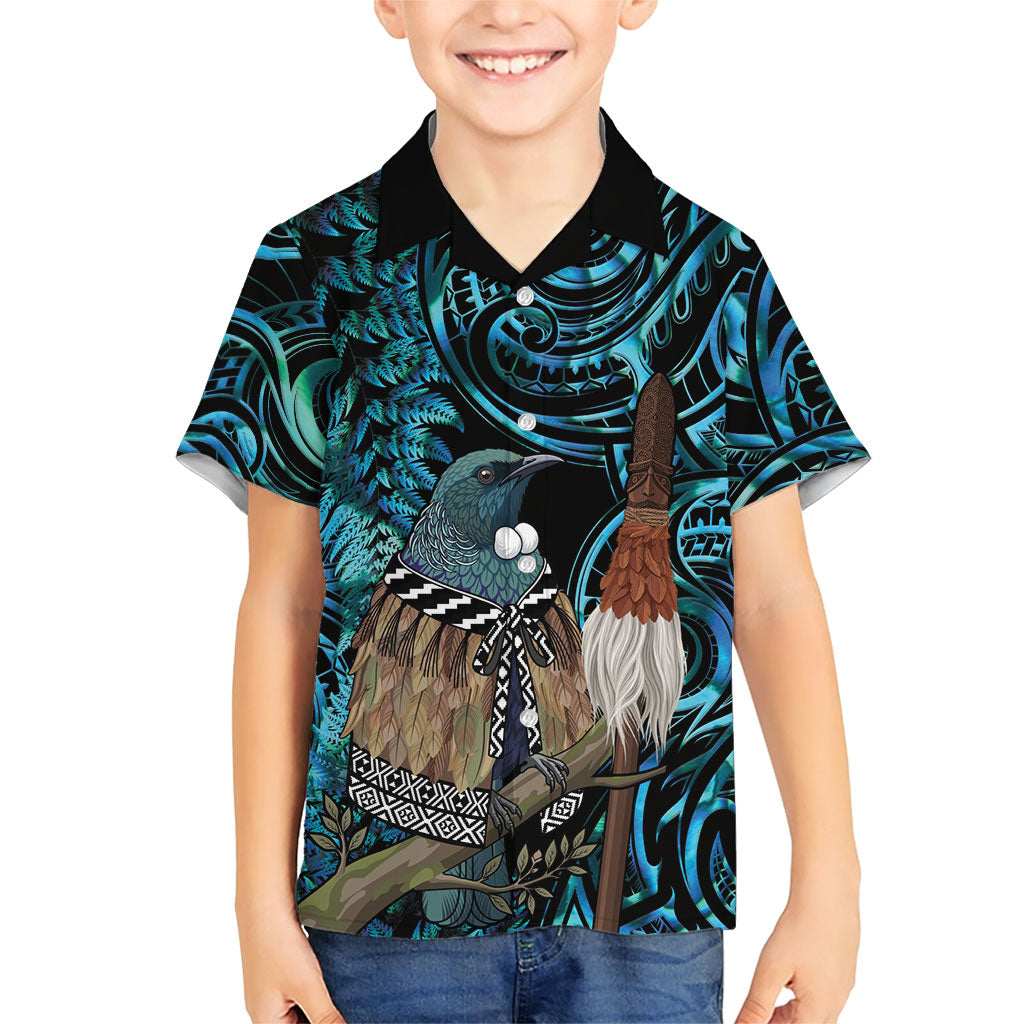 New Zealand Tui Bird Taiaha Kid Hawaiian Shirt Maori Weapon Paua Shell Mix Silver Fern
