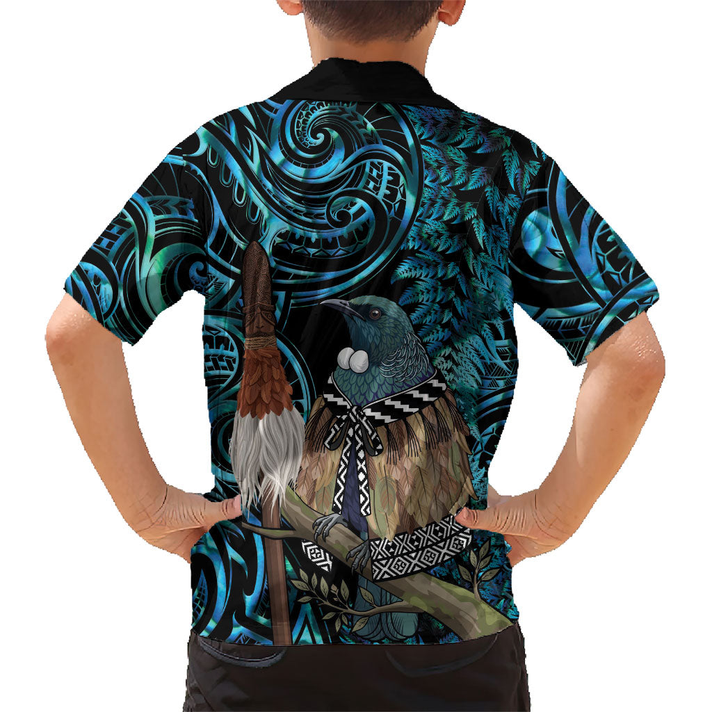 New Zealand Tui Bird Taiaha Kid Hawaiian Shirt Maori Weapon Paua Shell Mix Silver Fern