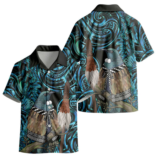 New Zealand Tui Bird Taiaha Kid Hawaiian Shirt Maori Weapon Paua Shell Mix Silver Fern LT14