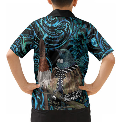 New Zealand Tui Bird Taiaha Kid Hawaiian Shirt Maori Weapon Paua Shell Mix Silver Fern LT14
