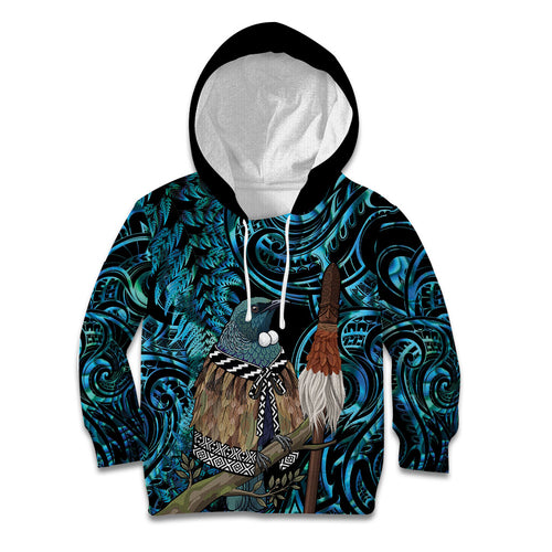 New Zealand Tui Bird Taiaha Kid Hoodie Maori Weapon Paua Shell Mix Silver Fern