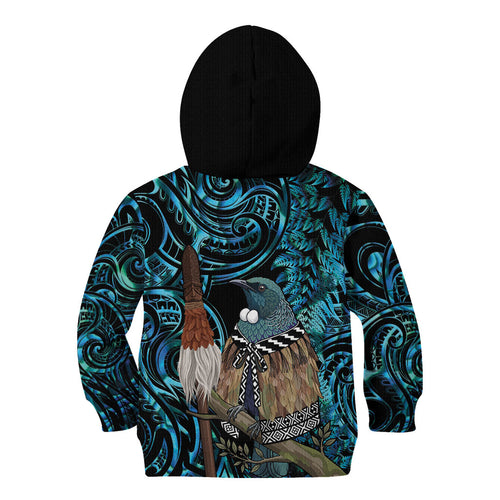New Zealand Tui Bird Taiaha Kid Hoodie Maori Weapon Paua Shell Mix Silver Fern