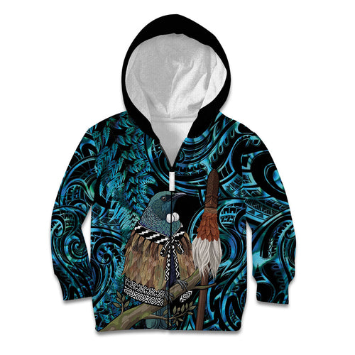 New Zealand Tui Bird Taiaha Kid Hoodie Maori Weapon Paua Shell Mix Silver Fern
