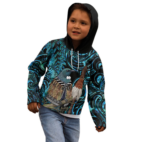 New Zealand Tui Bird Taiaha Kid Hoodie Maori Weapon Paua Shell Mix Silver Fern