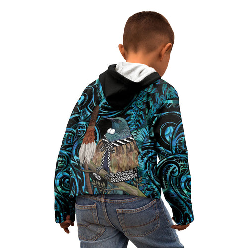 New Zealand Tui Bird Taiaha Kid Hoodie Maori Weapon Paua Shell Mix Silver Fern