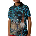 New Zealand Tui Bird Taiaha Kid Polo Shirt Maori Weapon Paua Shell Mix Silver Fern