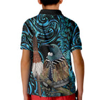 New Zealand Tui Bird Taiaha Kid Polo Shirt Maori Weapon Paua Shell Mix Silver Fern