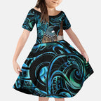 New Zealand Tui Bird Taiaha Kid Short Sleeve Dress Maori Weapon Paua Shell Mix Silver Fern