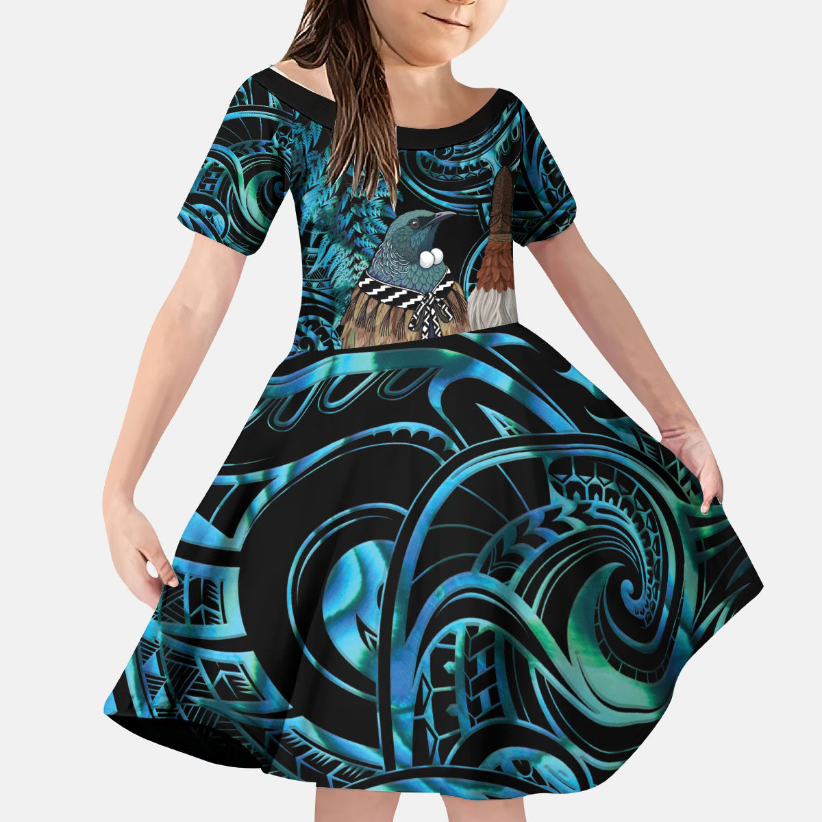 New Zealand Tui Bird Taiaha Kid Short Sleeve Dress Maori Weapon Paua Shell Mix Silver Fern