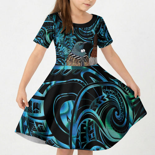 New Zealand Tui Bird Taiaha Kid Short Sleeve Dress Maori Weapon Paua Shell Mix Silver Fern