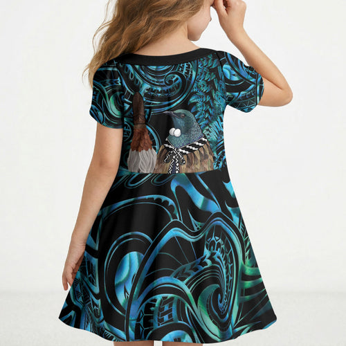 New Zealand Tui Bird Taiaha Kid Short Sleeve Dress Maori Weapon Paua Shell Mix Silver Fern