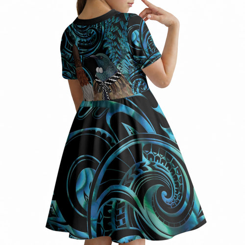 New Zealand Tui Bird Taiaha Kid Short Sleeve Dress Maori Weapon Paua Shell Mix Silver Fern